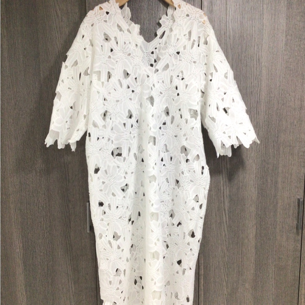 White Crochet Lace Swim Coverup Dress - Beachwear